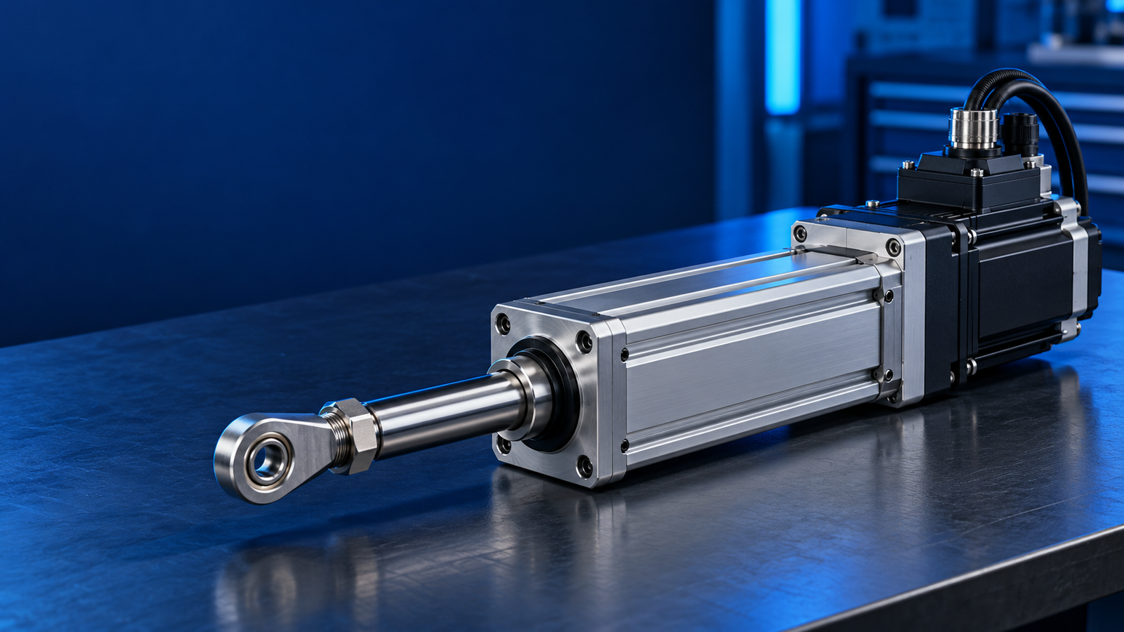 AI concept illustration of a servo electric cylinder with motor, linear housing and extended rod
