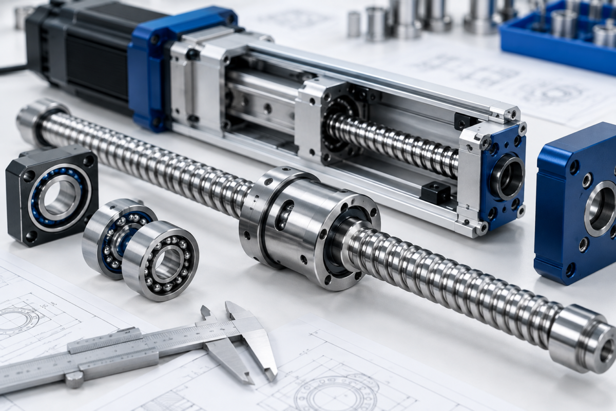 Illustrative screw assembly with bearings and caliper beside an opened linear actuator