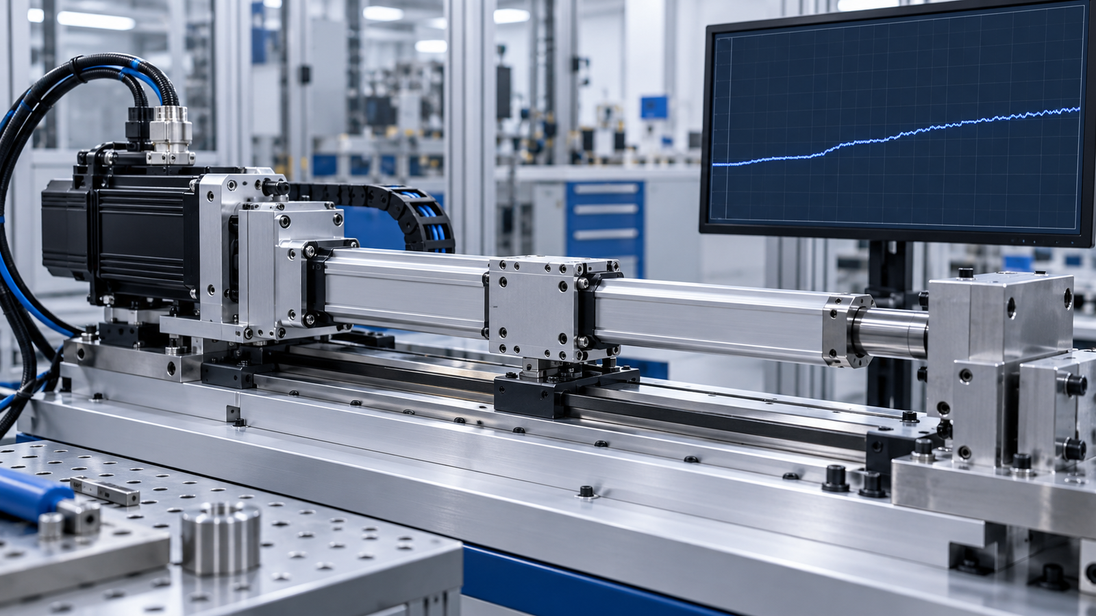 AI concept illustration: Servo electric cylinder test axis with position trace on a nearby monitor