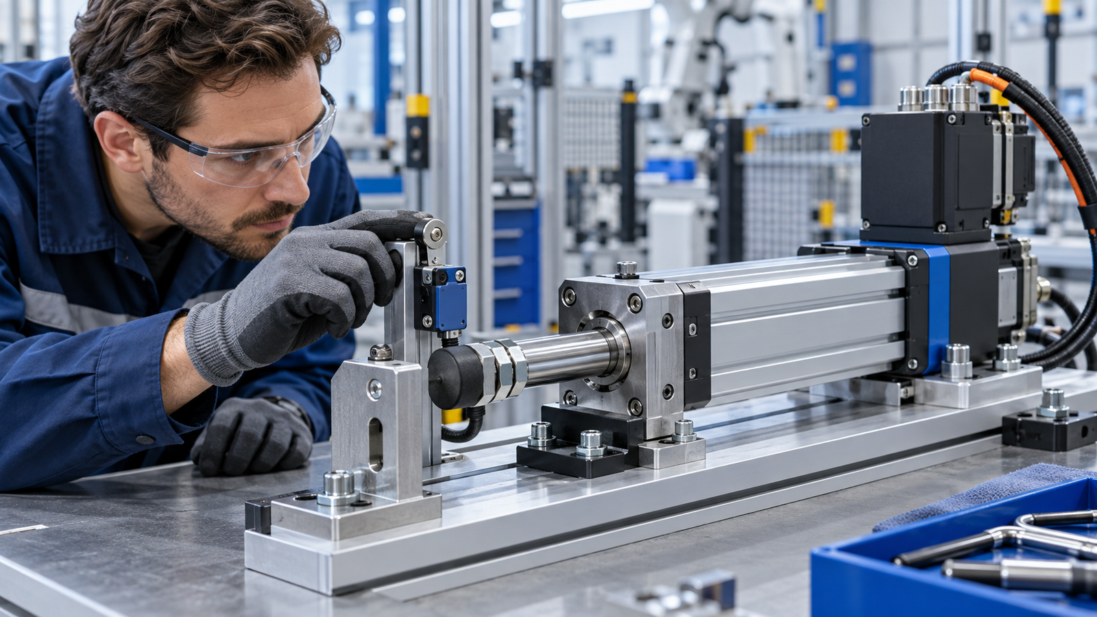AI concept illustration: Technician inspecting a travel limit switch beside a servo electric cylinder