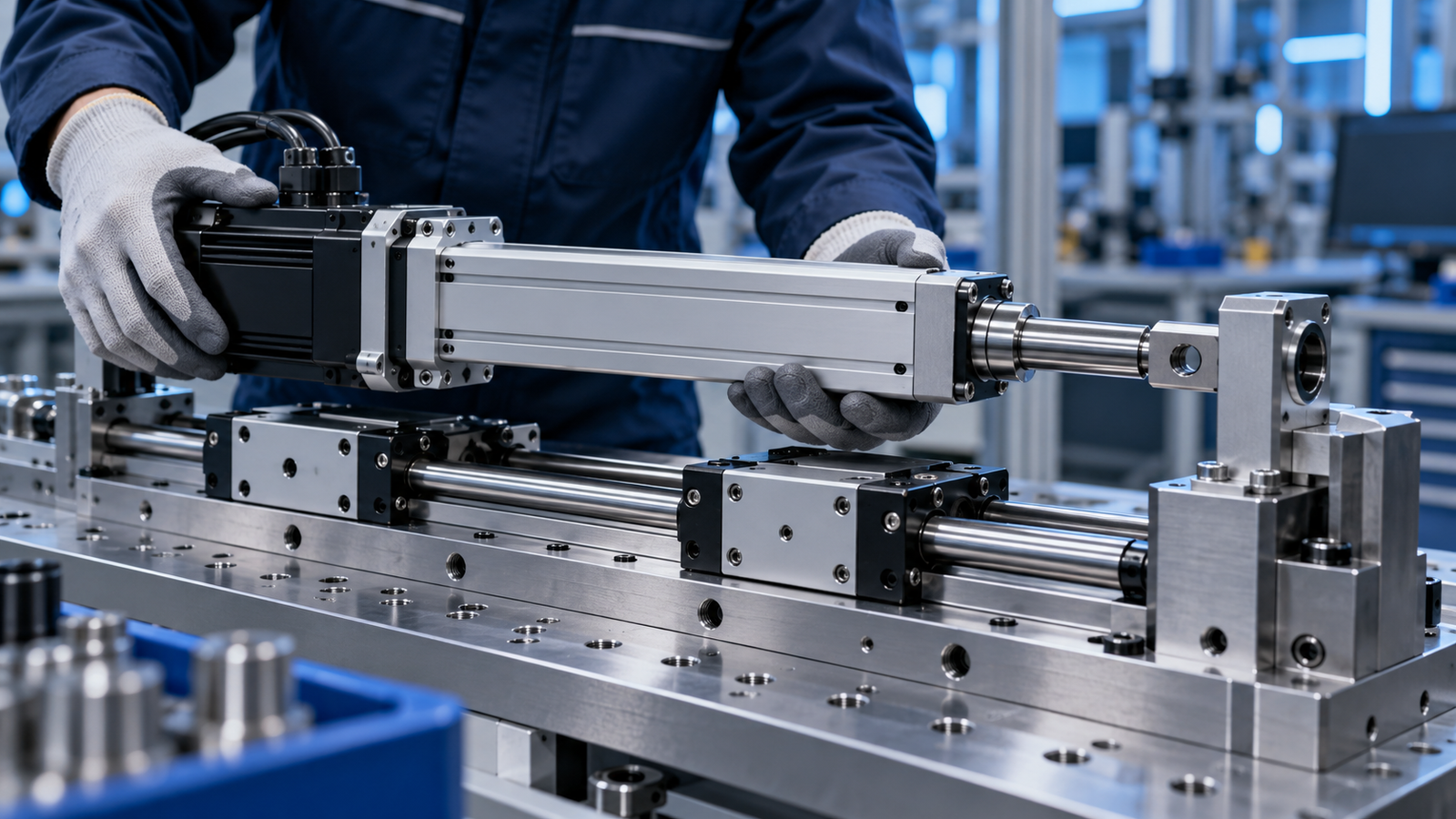 Technician aligning a servo electric cylinder with a guided fixture