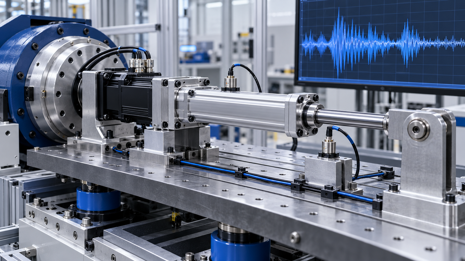 AI concept illustration: Servo electric cylinder test axis with vibration sensor and waveform display