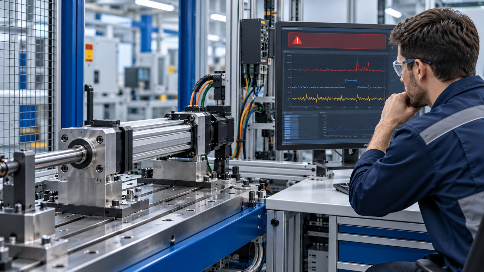 AI concept illustration: Engineer reviewing drive alarm and current traces at a servo cylinder test station