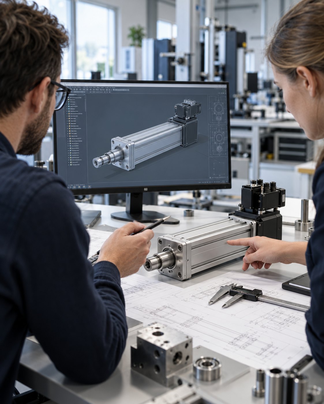 Illustration of engineers reviewing a custom servo electric cylinder design and prototype