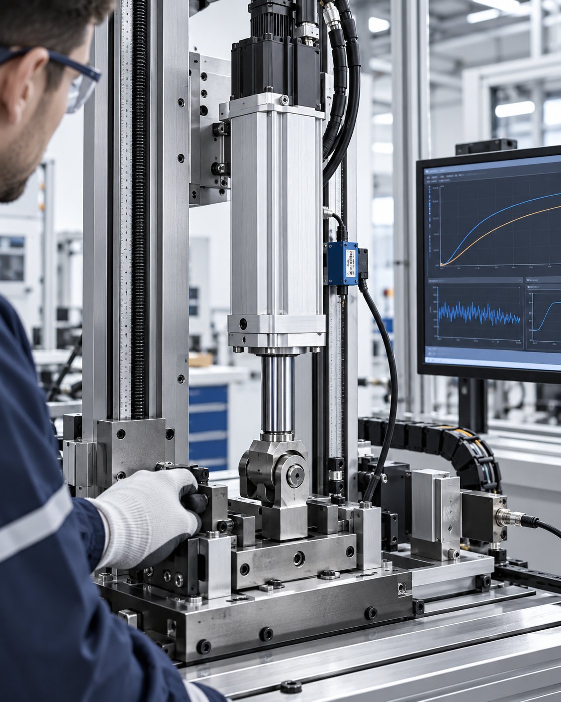 Illustration of a servo electric cylinder undergoing functional testing and inspection