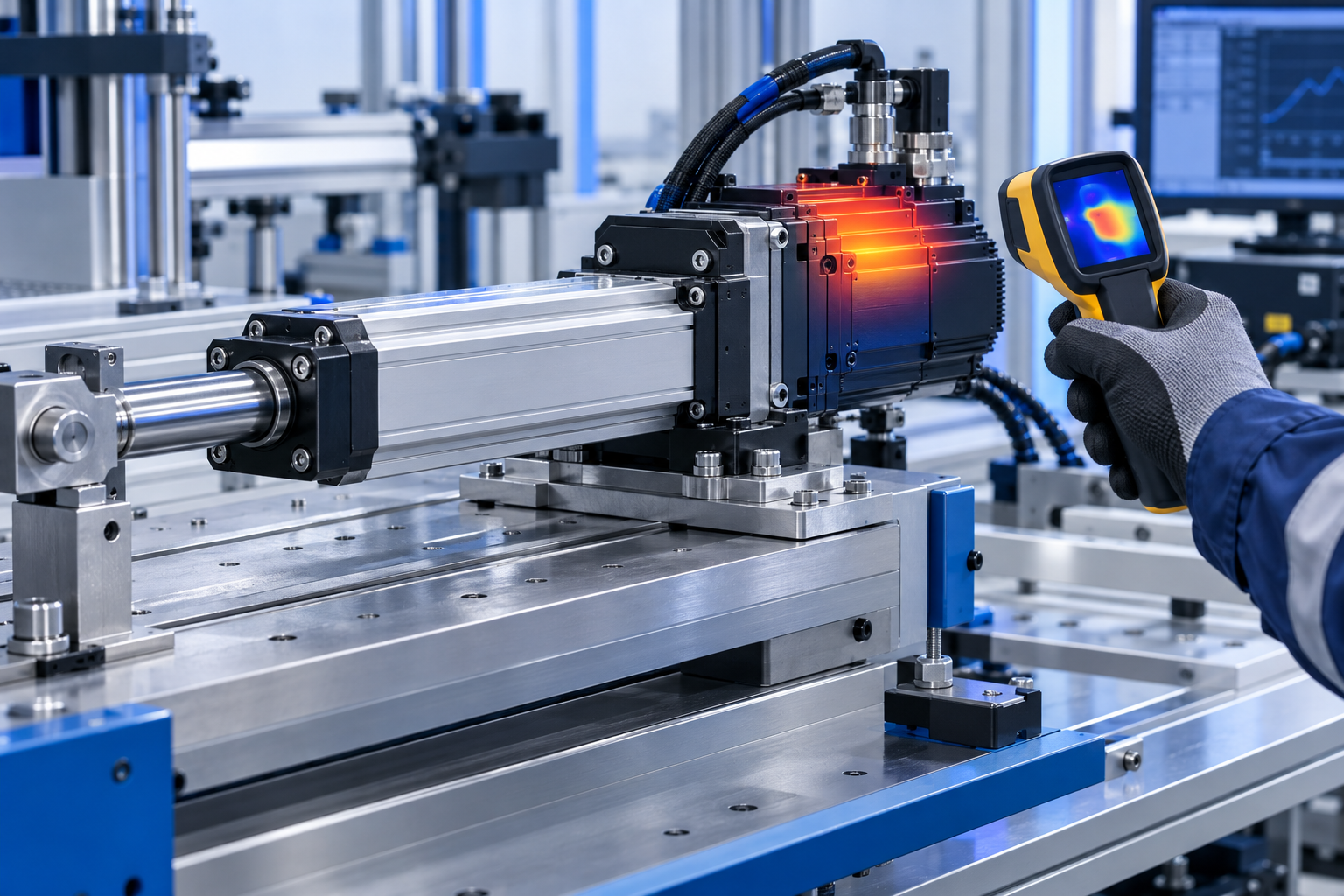 Technician checking servo electric cylinder motor temperature with a thermal camera