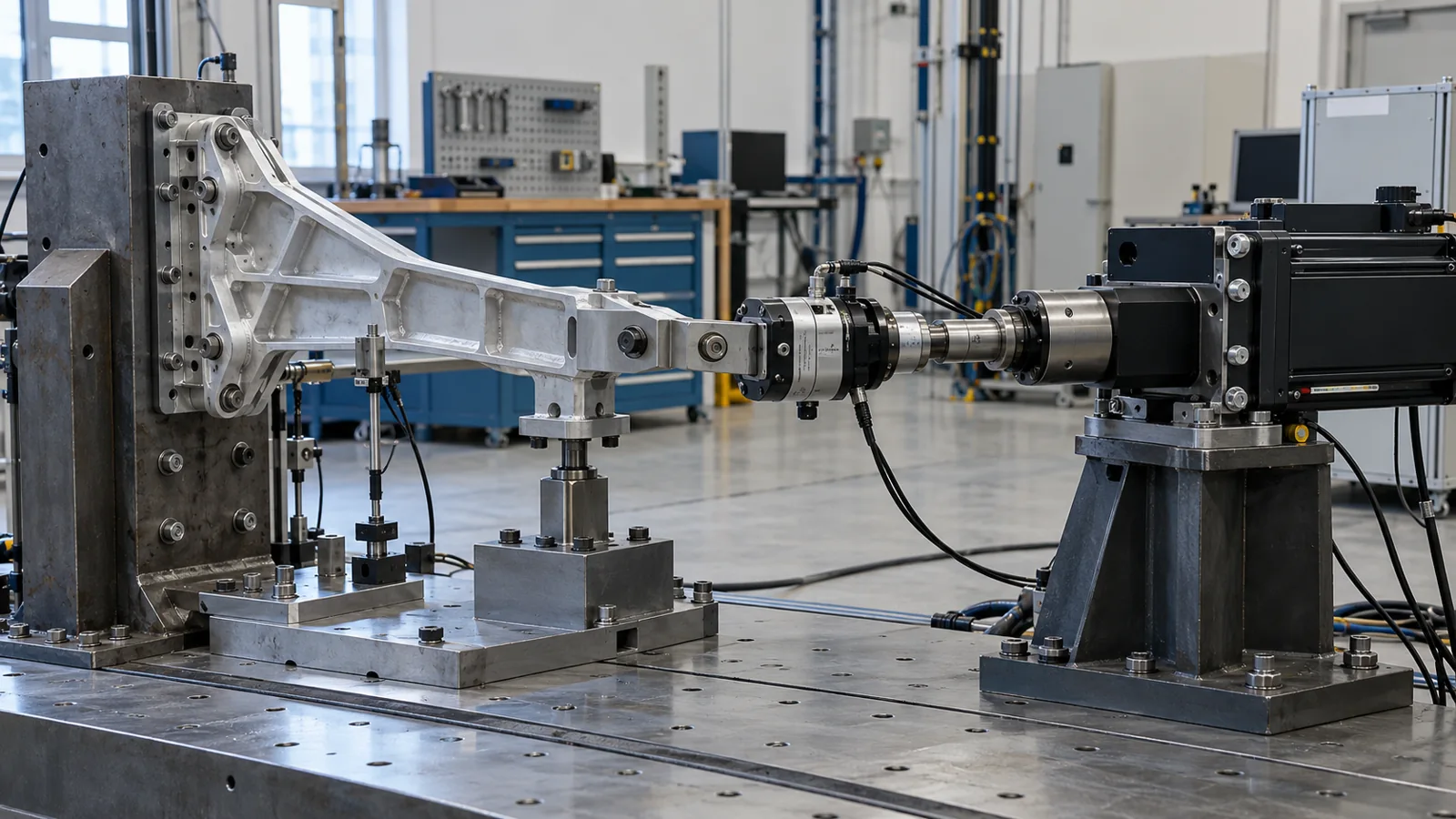 Conceptual aerospace ground-load bracket fixture with axial load cell and separate displacement reference