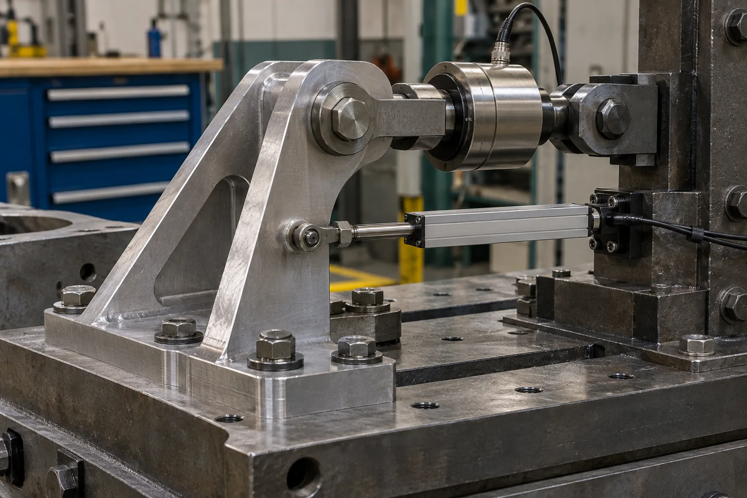Conceptual ground bracket test with independent displacement reference and axial load cell