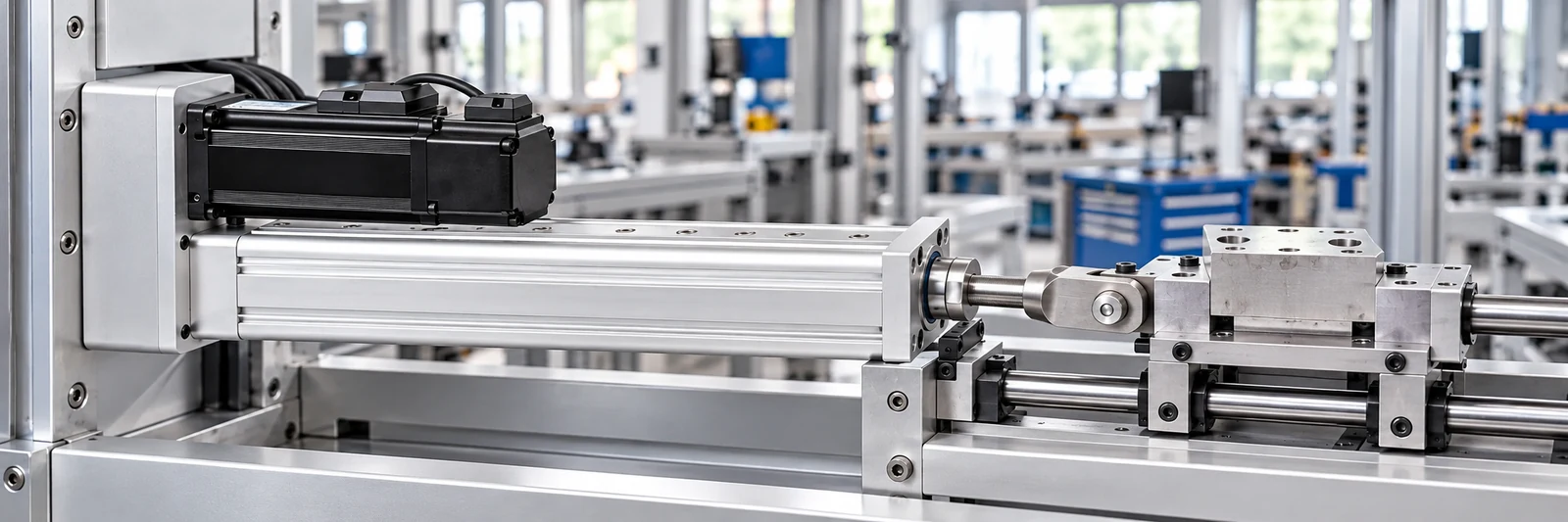 Illustrative compact machine integration with a folded-back servo electric cylinder, parallel motor connected to a shared rear transmission housing and externally guided carriage