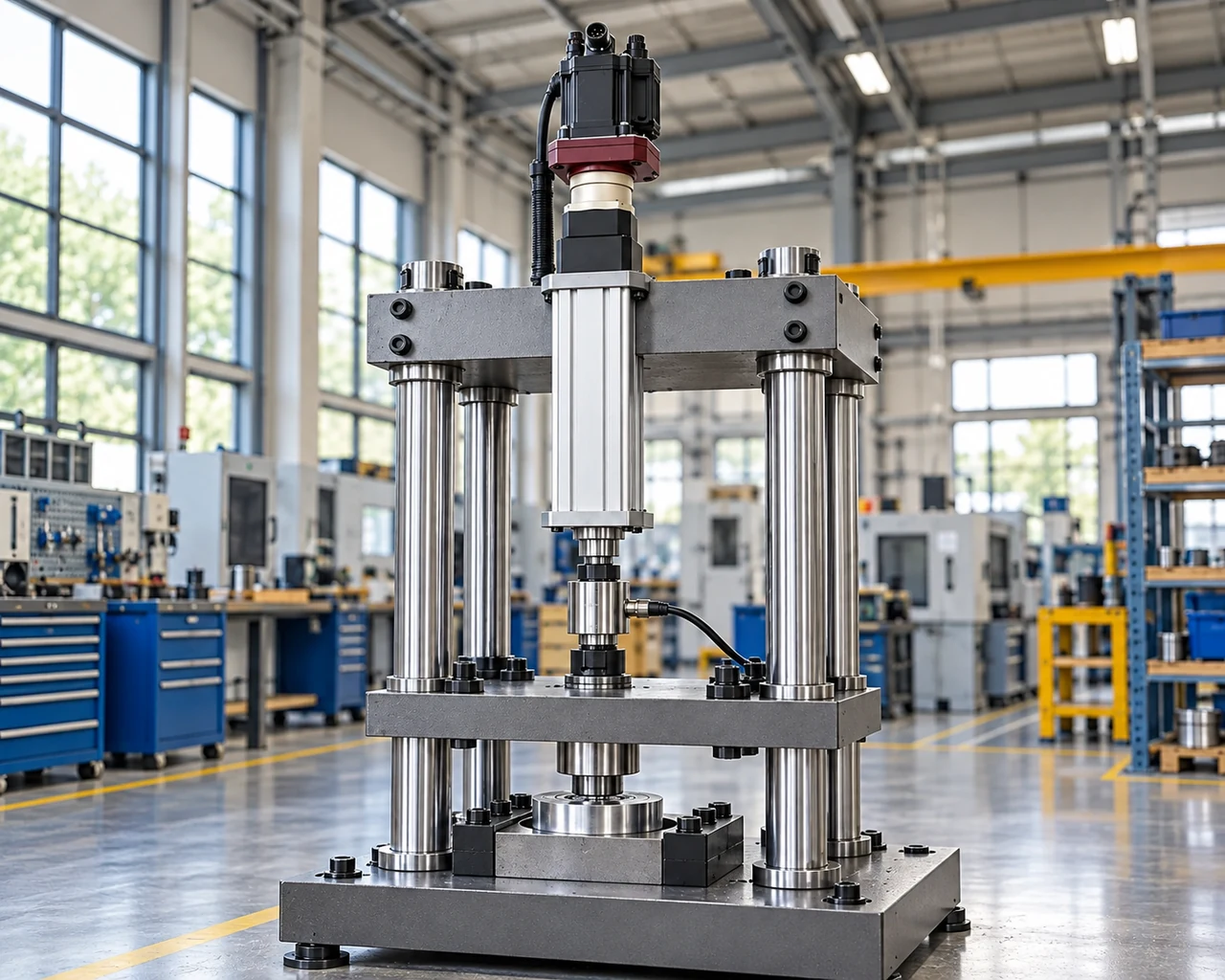 Illustrative bearing press-fit assembly with an inline servo electric cylinder, coaxial motor, load cell and externally guided press platen