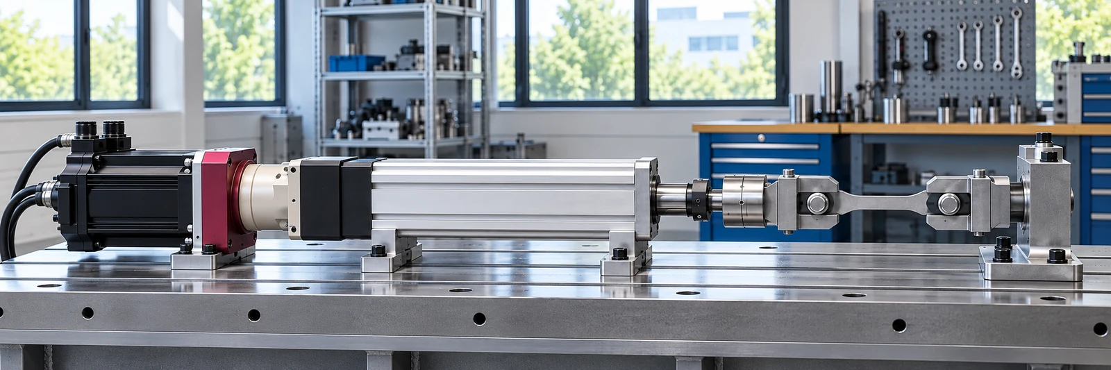 Illustrative axial load test using an inline servo electric cylinder with coaxial motor, inline load cell and specimen grips on a rigid test bed