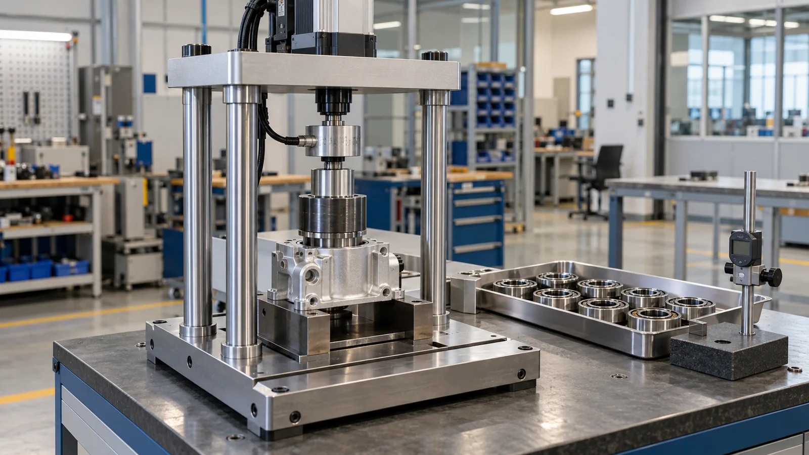 Conceptual automotive bearing press with guided platen, axial force measurement and supported housing