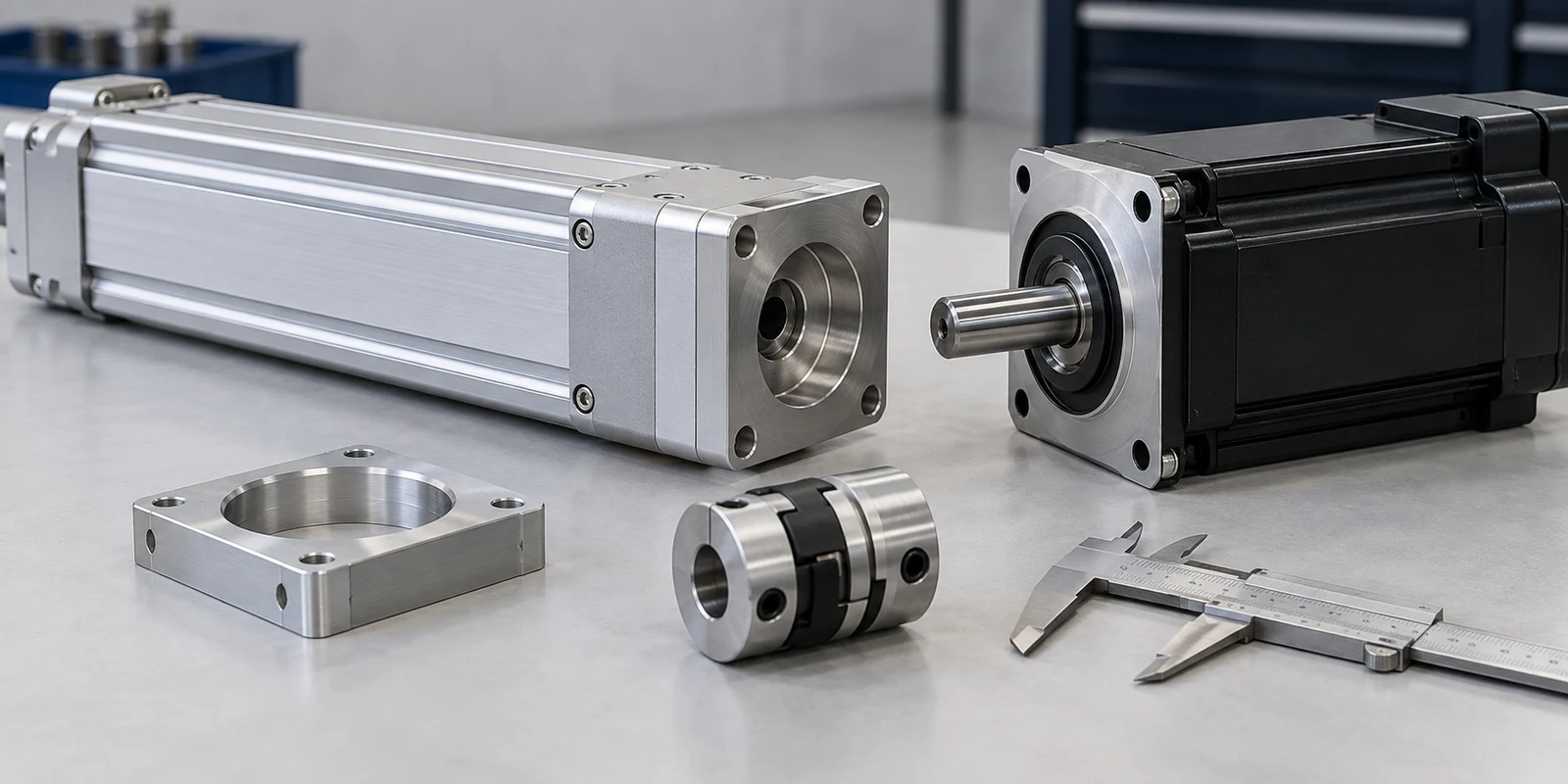 Servo motor aligned with an electric cylinder mounting flange, shaft coupling and adapter for motor interface compatibility