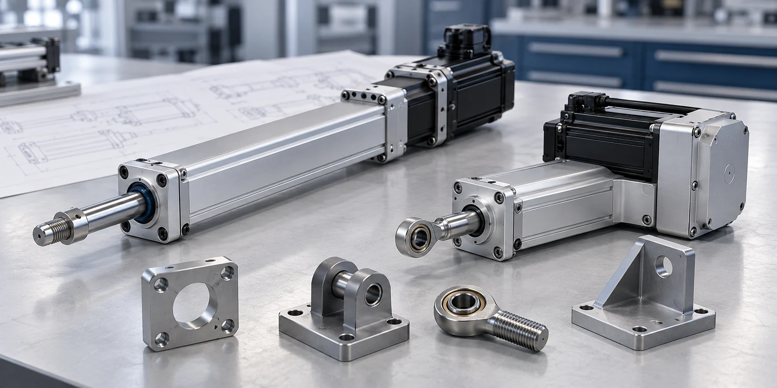 Inline and folded-back servo electric cylinders with mounting flanges and rod-end connections for machine space configuration