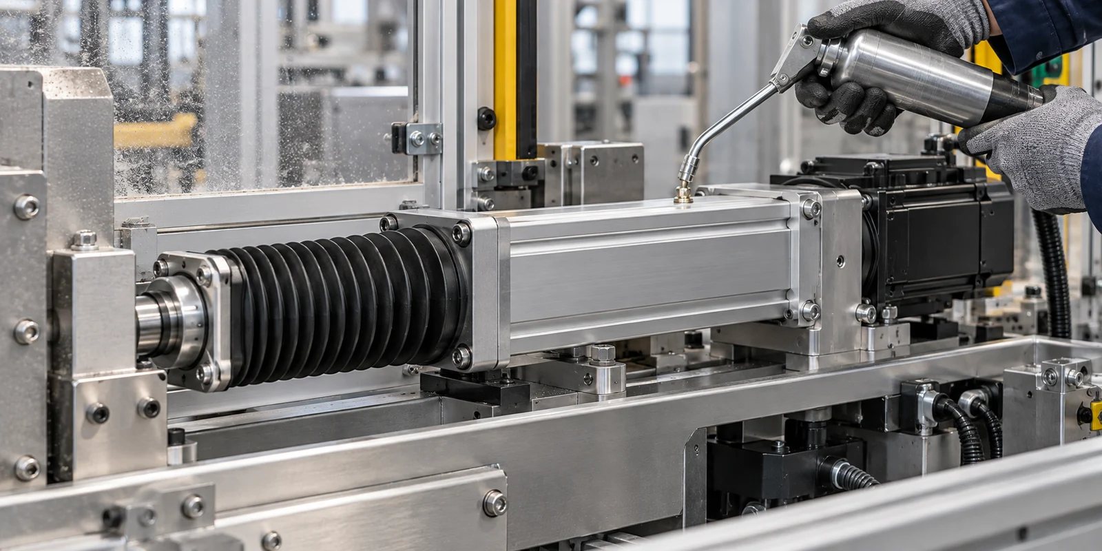 Servo electric cylinder with protective bellows in a guarded machine and lubrication maintenance for operating environment requirements
