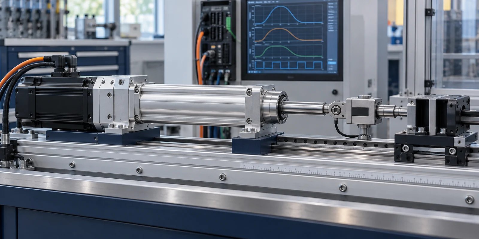 Servo electric cylinder on a guided test bench illustrating stroke, working load and motion cycle configuration
