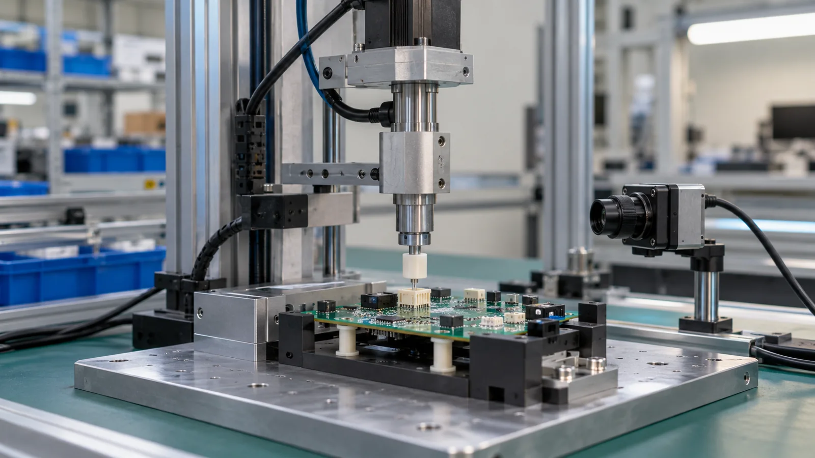 Conceptual low-force connector assembly with PCB support nest and axial force sensor
