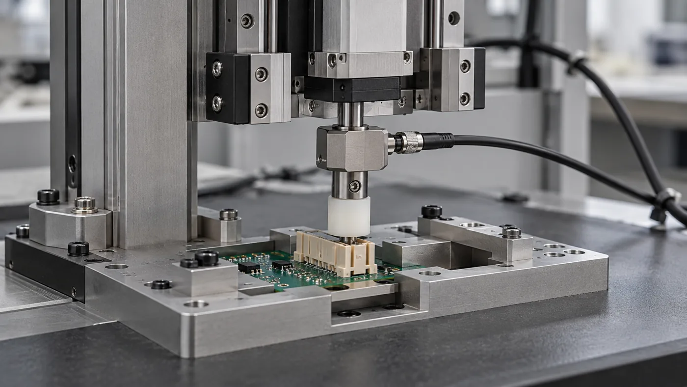 Concept detail of connector insertion tooling, low-force sensor and local PCB support