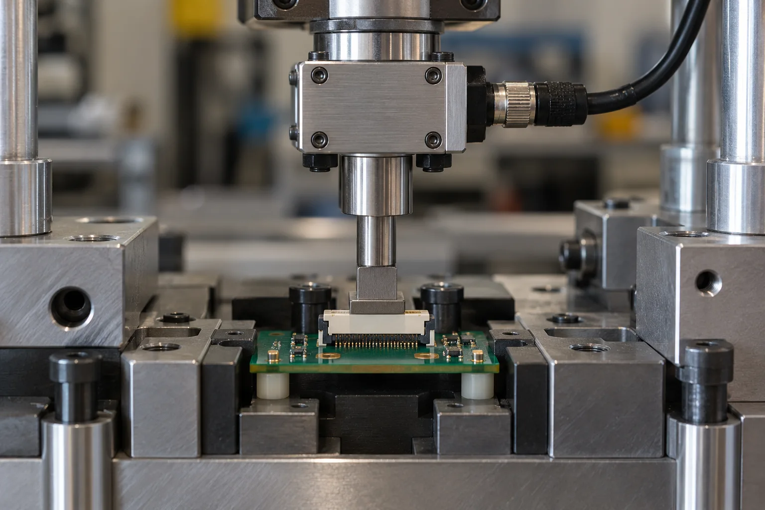 Conceptual supported PCB connector nest with axial force sensor