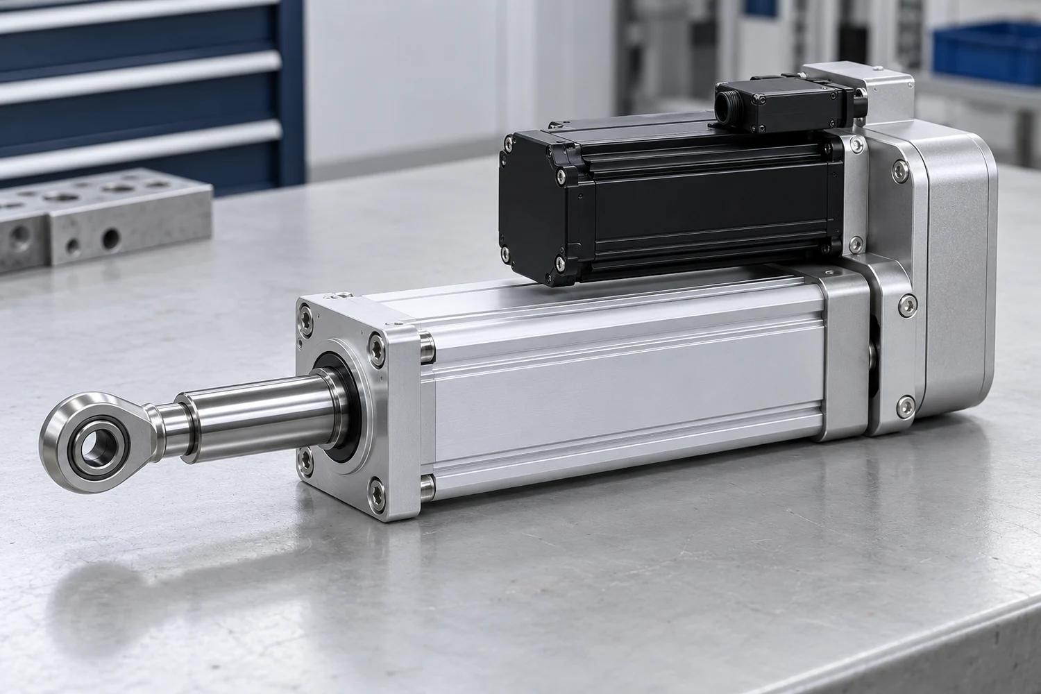 Illustrative folded-back servo electric cylinder with parallel motor and compact axial layout