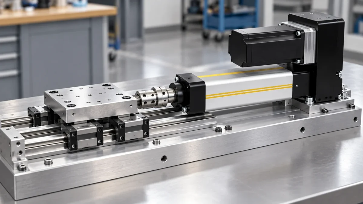 Illustration of a folded-back servo electric cylinder driving an independently guided horizontal tooling carriage