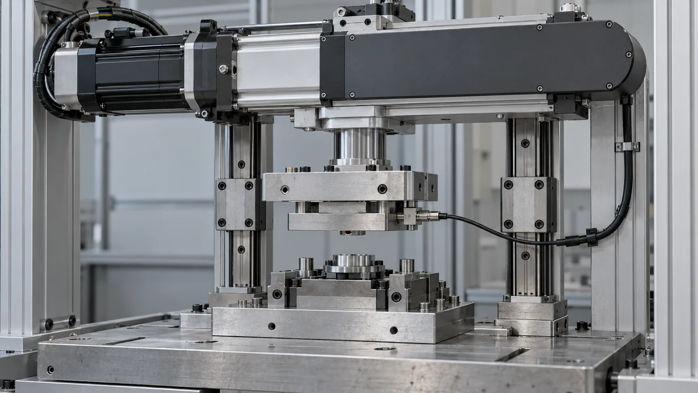 Concept detail of folded-back electric cylinder, guided platen and quick-change assembly tooling