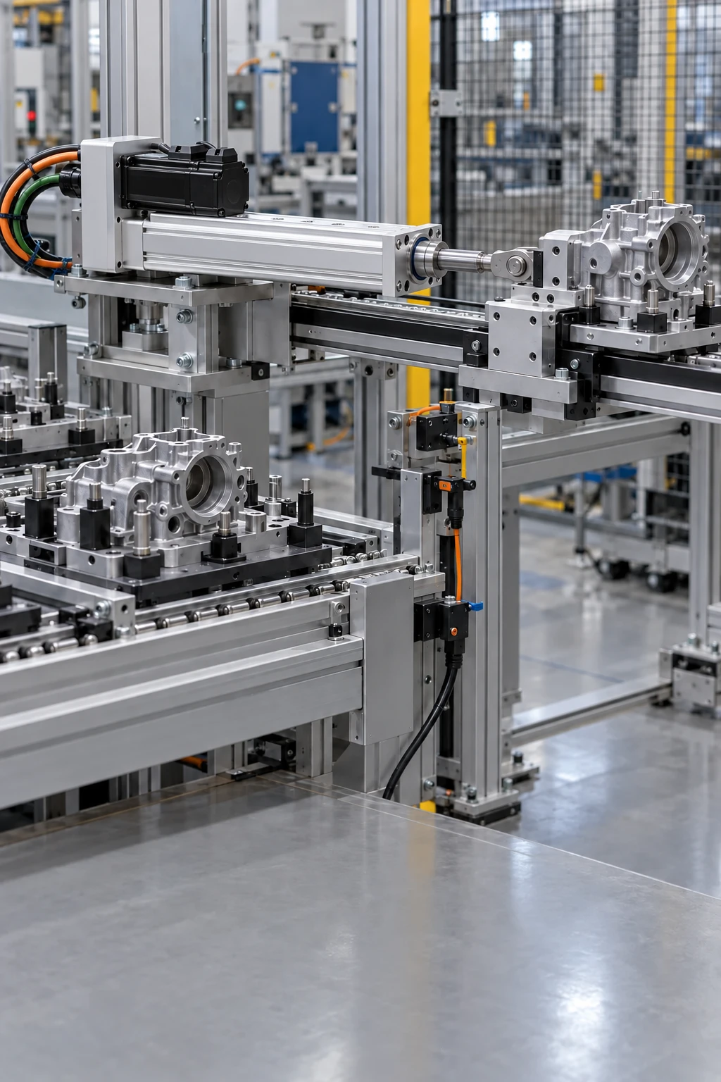 Illustrative industrial transfer fixture with a folded-back servo electric cylinder, parallel motor and shared rear transmission housing based on NEFEIT product reference
