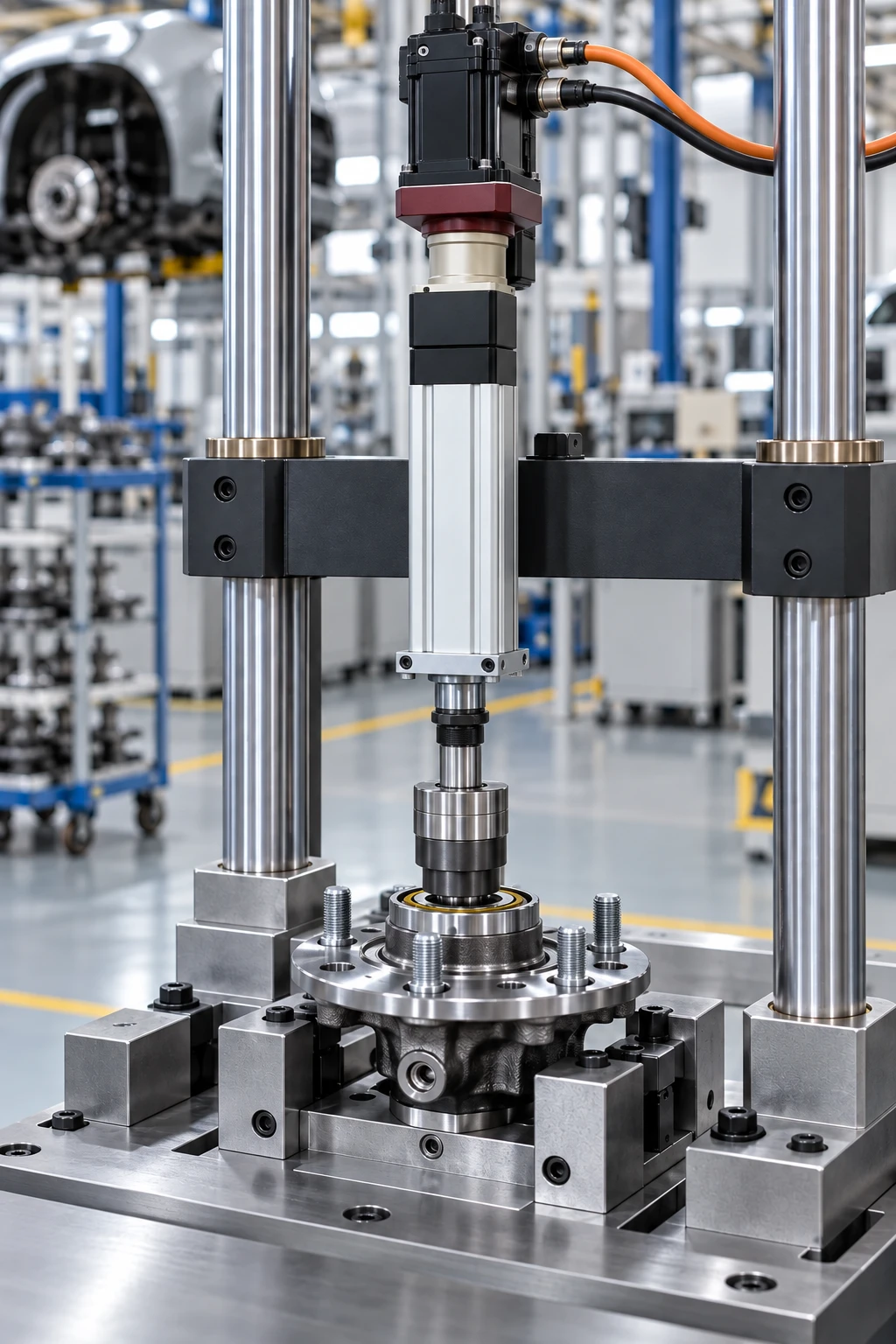 Illustrative automotive bearing press using a servo electric cylinder with a coaxial motor and rear adapter arrangement based on NEFEIT product reference