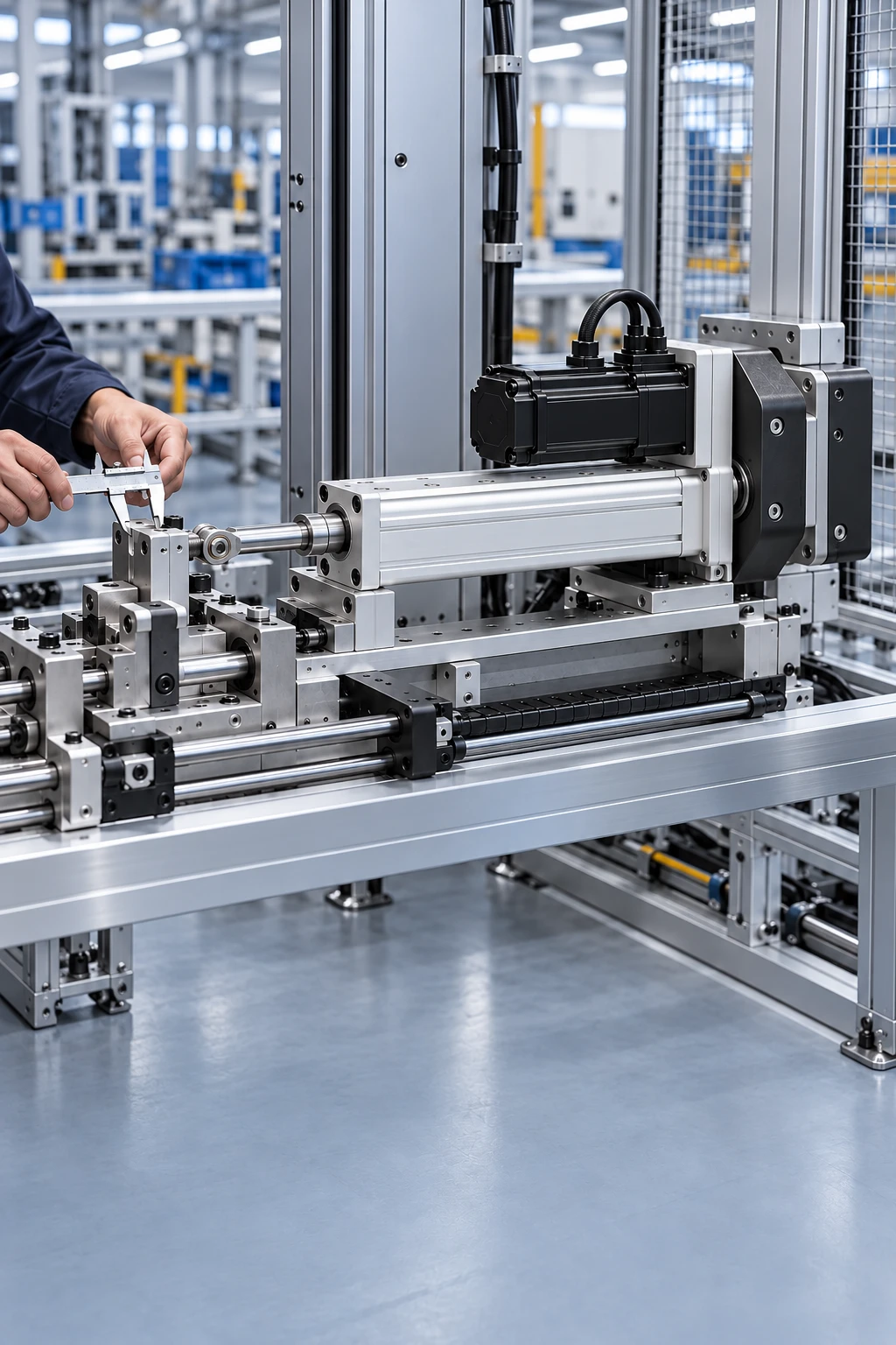 Illustrative guided custom-machine clamp using a folded-back servo electric cylinder with parallel motor and shared rear transmission housing