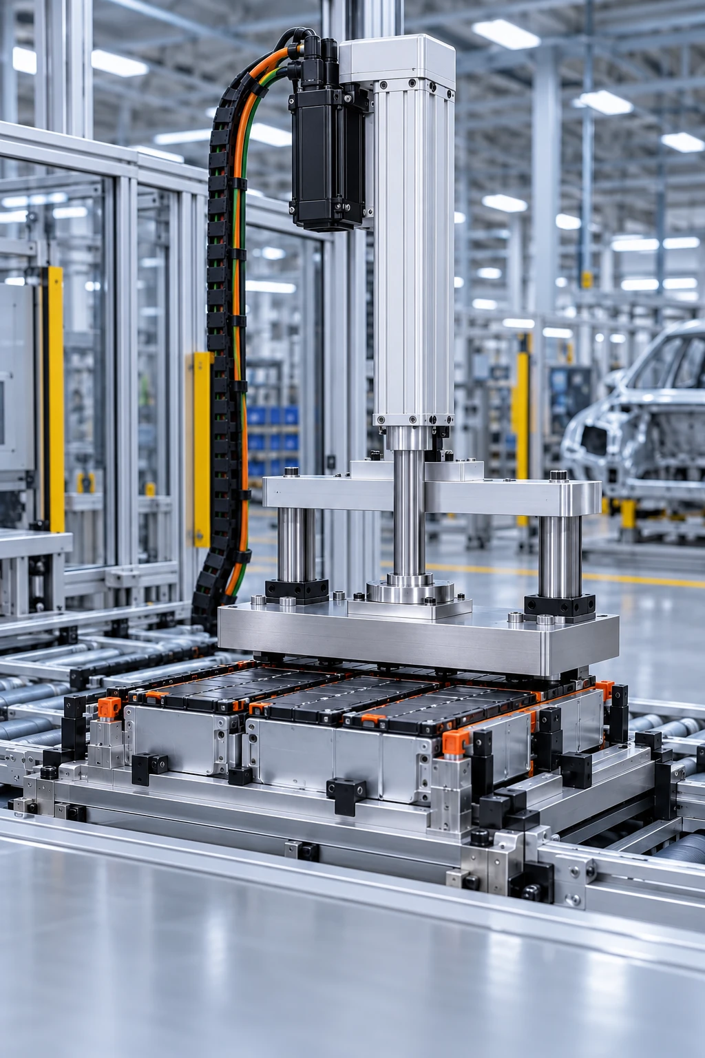 Illustrative battery-module assembly press with a folded-back servo electric cylinder, vertical parallel motor and shared rear transmission housing based on NEFEIT product reference
