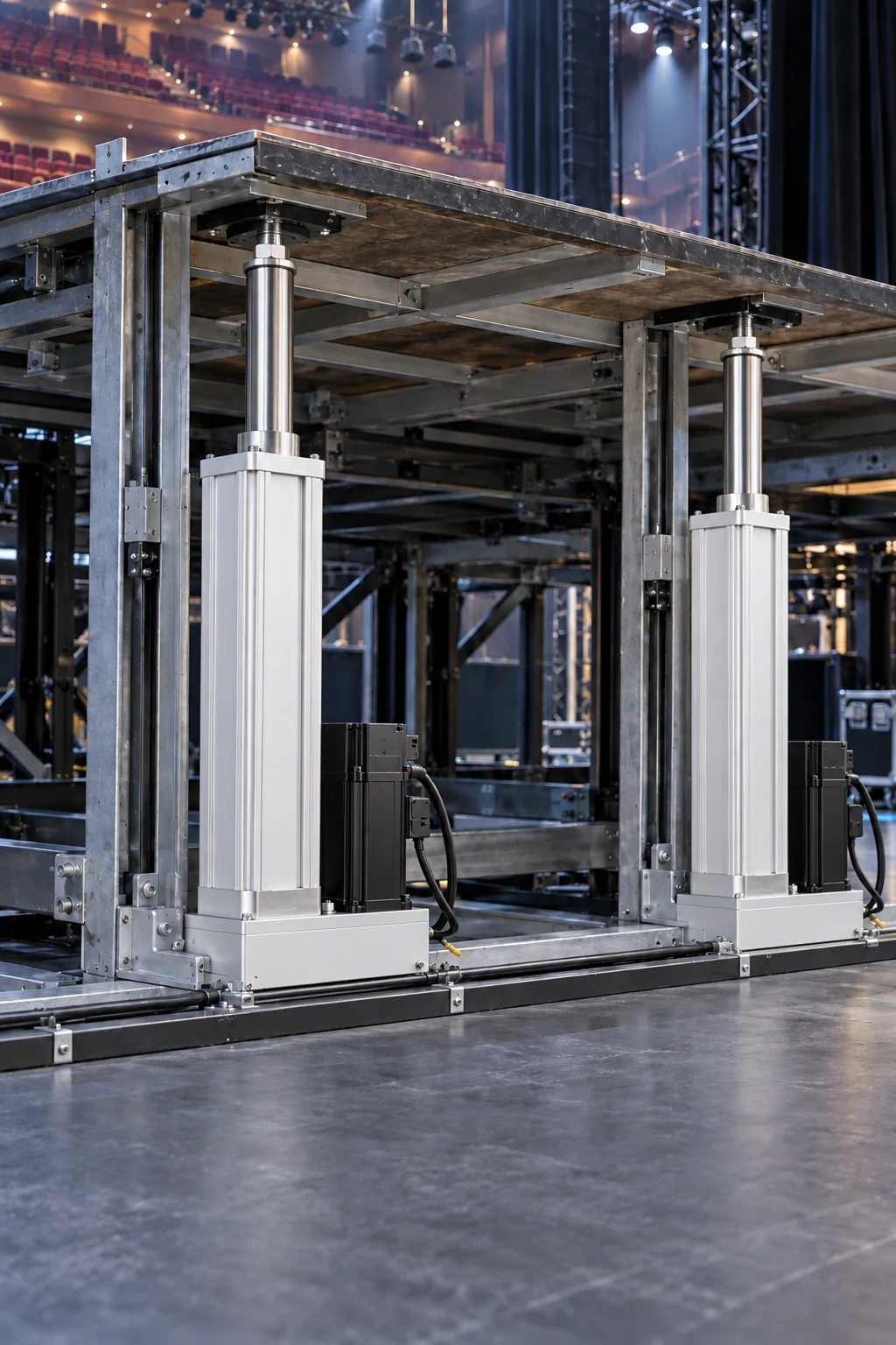 Illustrative guided theatre stage lift using two folded-back servo electric cylinders with vertical parallel motors connected to shared base transmission housings