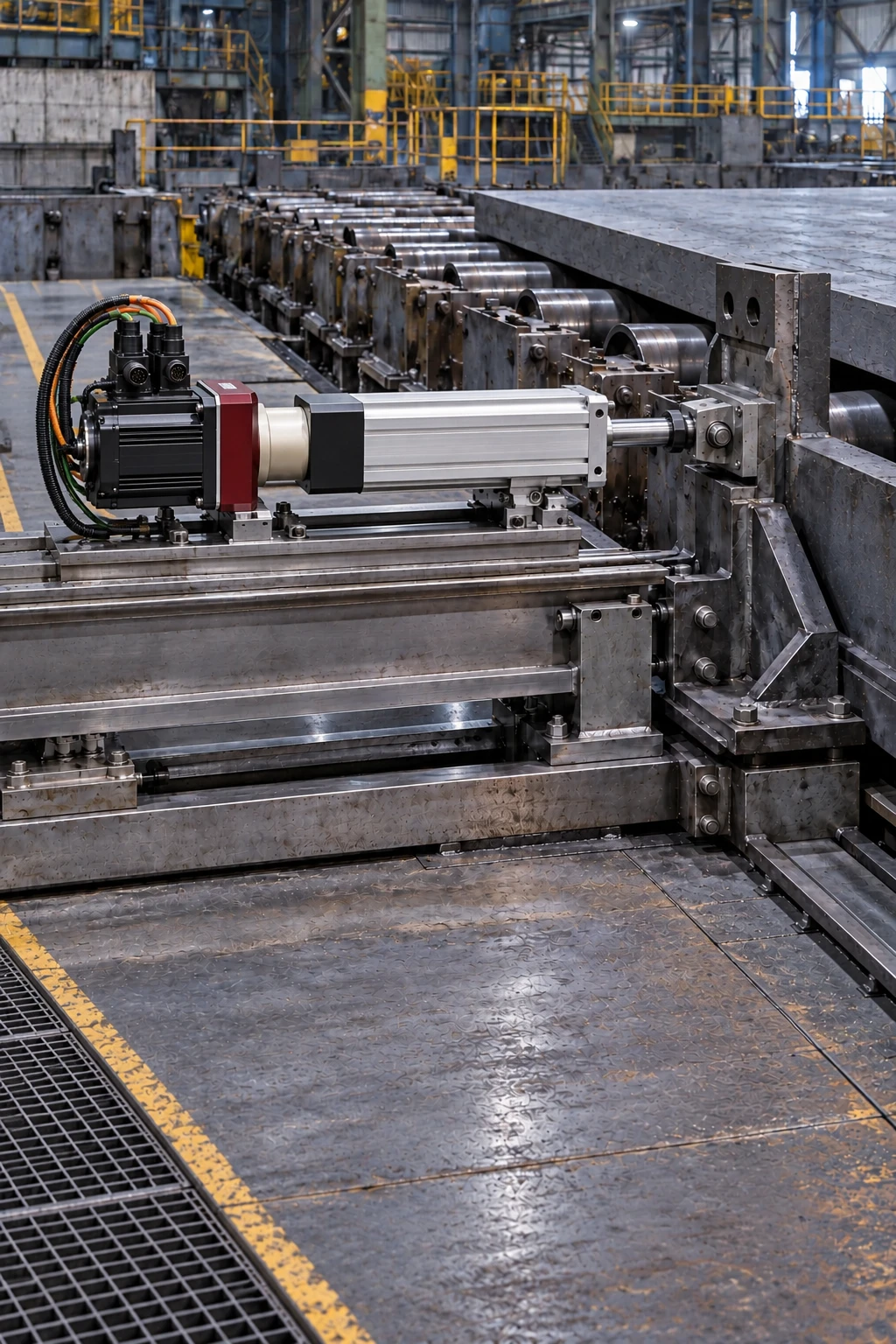 Illustrative cold-steel plate positioning fixture using an inline servo electric cylinder with coaxial motor, rear adapter and external carriage guidance