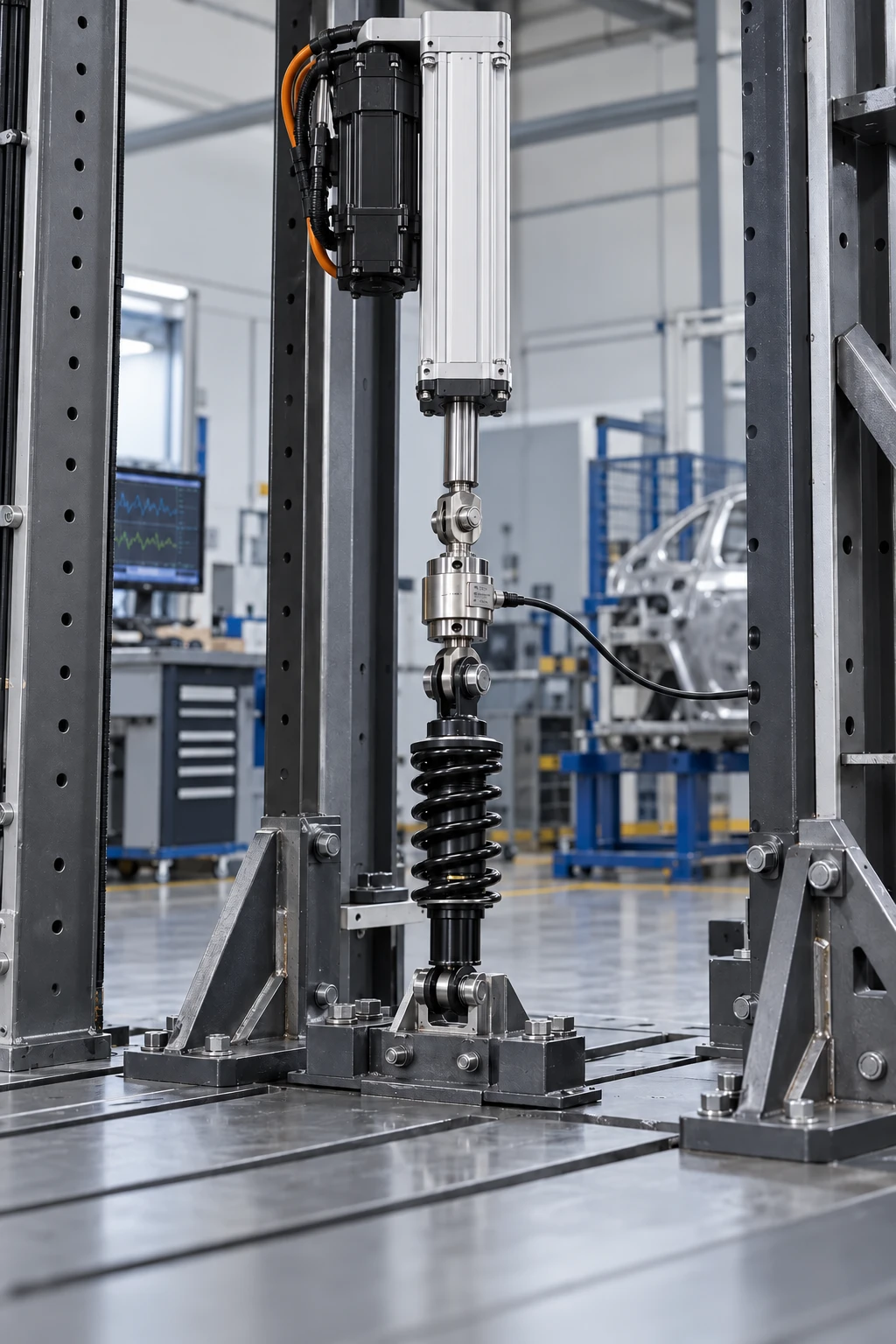 Illustrative shock-absorber test using a vertical folded-back servo electric cylinder with parallel motor connected to the shared rear transmission housing
