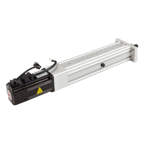 Inline servo electric cylinder with a rear motor aligned to the cylinder axis and a threaded rod end
