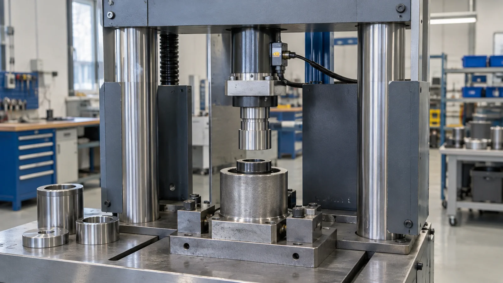 Conceptual high-force bushing press with supported steel housing and guided tooling