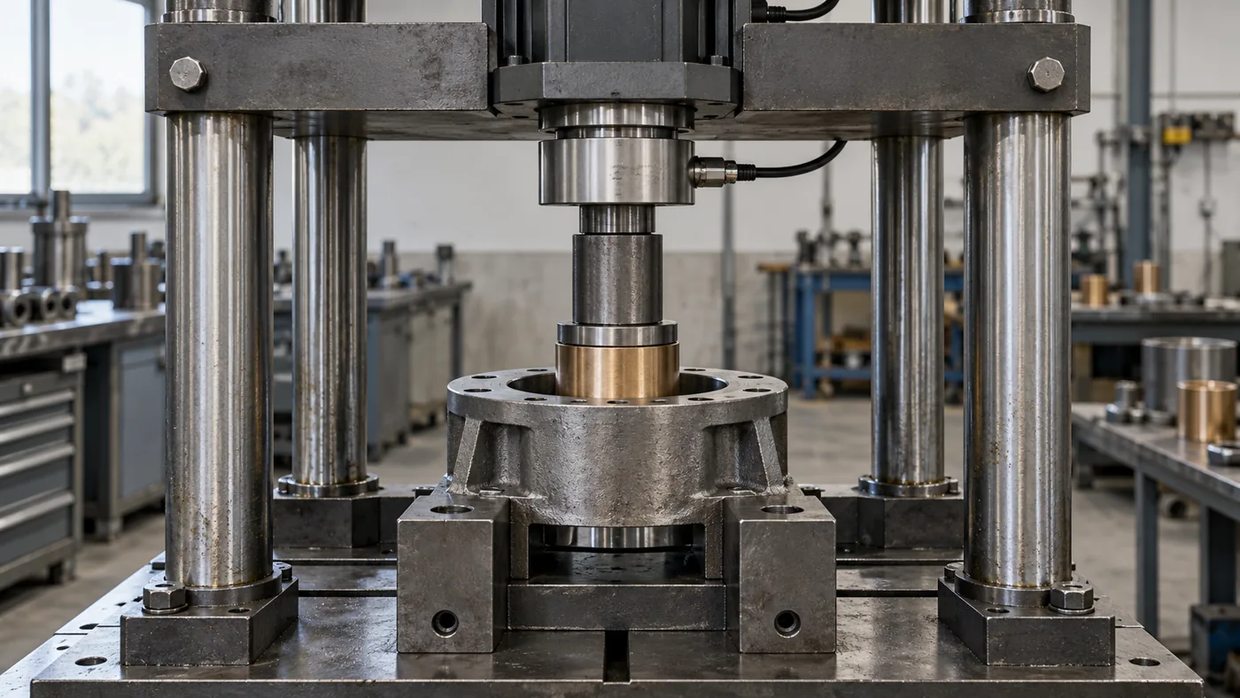 Concept detail of high-force guided bushing press with a supported housing and short mandrel