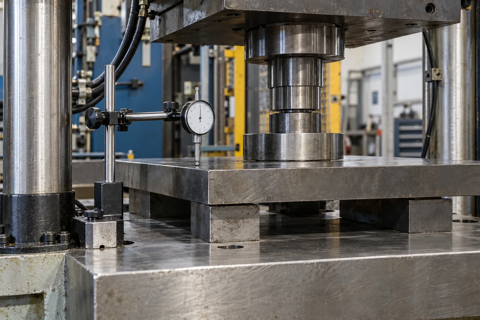 Conceptual supported press platen datum with independent dial indicator