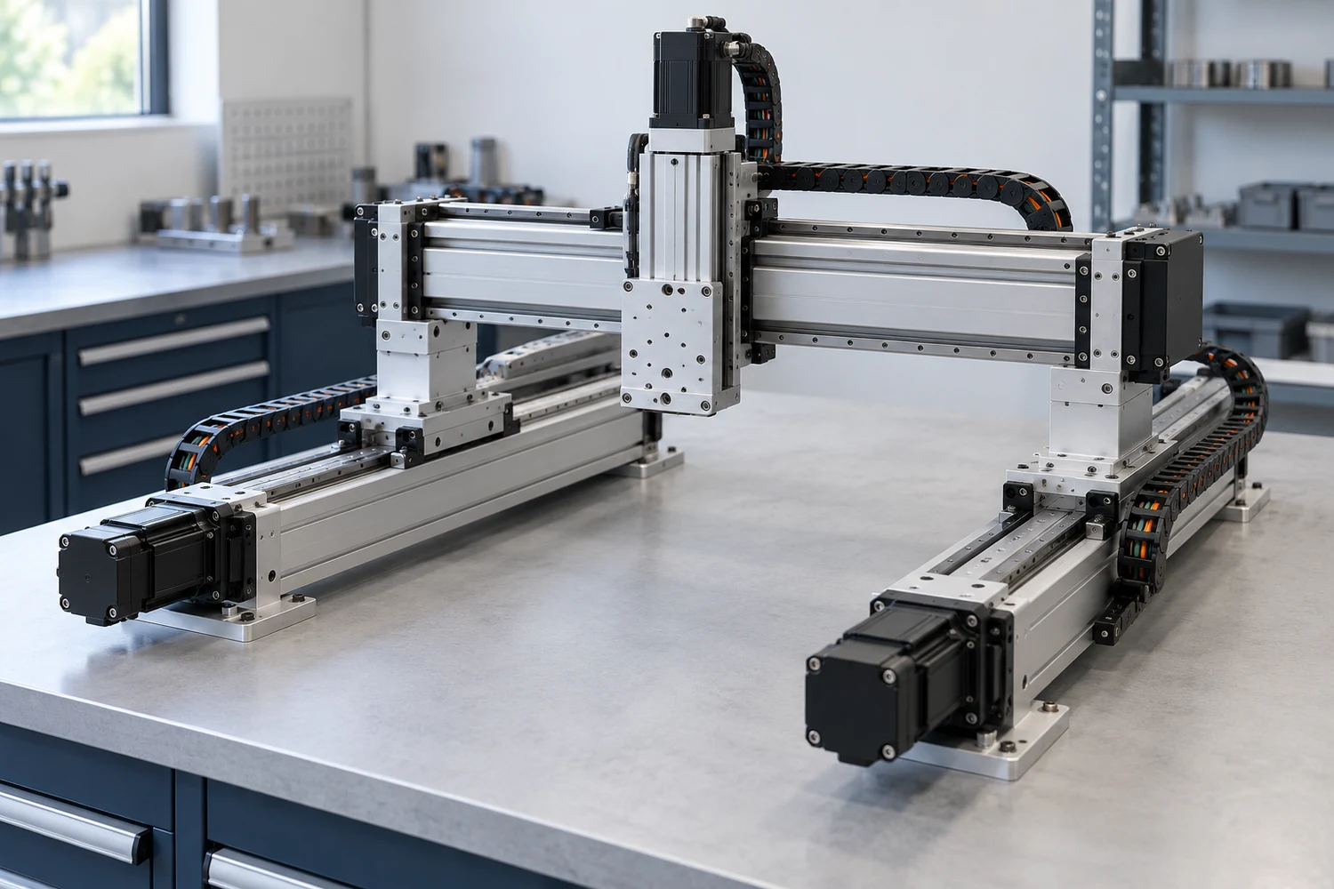 Illustrative multi-axis Cartesian gantry with guided linear axes for transfer and positioning