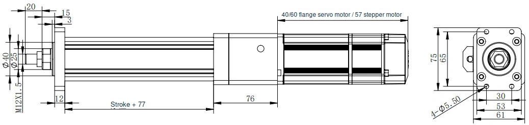 NFT50 inline servo electric cylinder front flange dimension drawing in English
