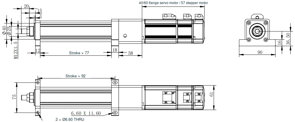 NFT50 inline servo electric cylinder side flange dimension drawing in English