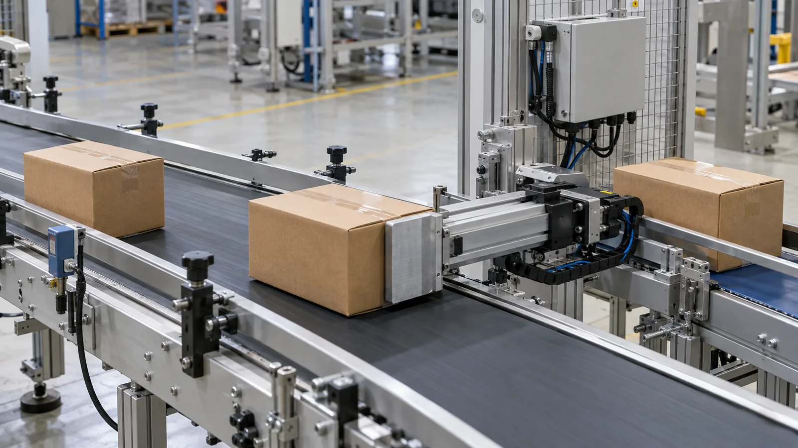 Conceptual conveyor carton-transfer axis with broad pusher face and external linear guides
