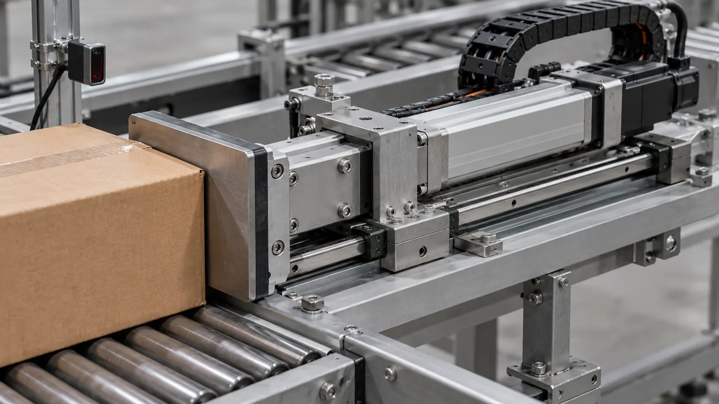 Concept detail of guided conveyor pusher, carton contact face and product sensor