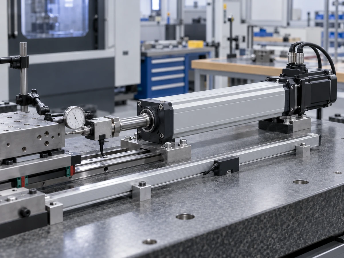 Illustrative servo electric cylinder with axial dial-indicator measurement, external linear scale and inline force sensor for positioning accuracy and repeatability