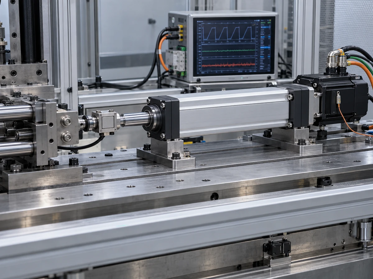 Illustrative servo electric cylinder in a loaded endurance-cycle test bench with inline force sensor, temperature probe and operating-cycle monitoring