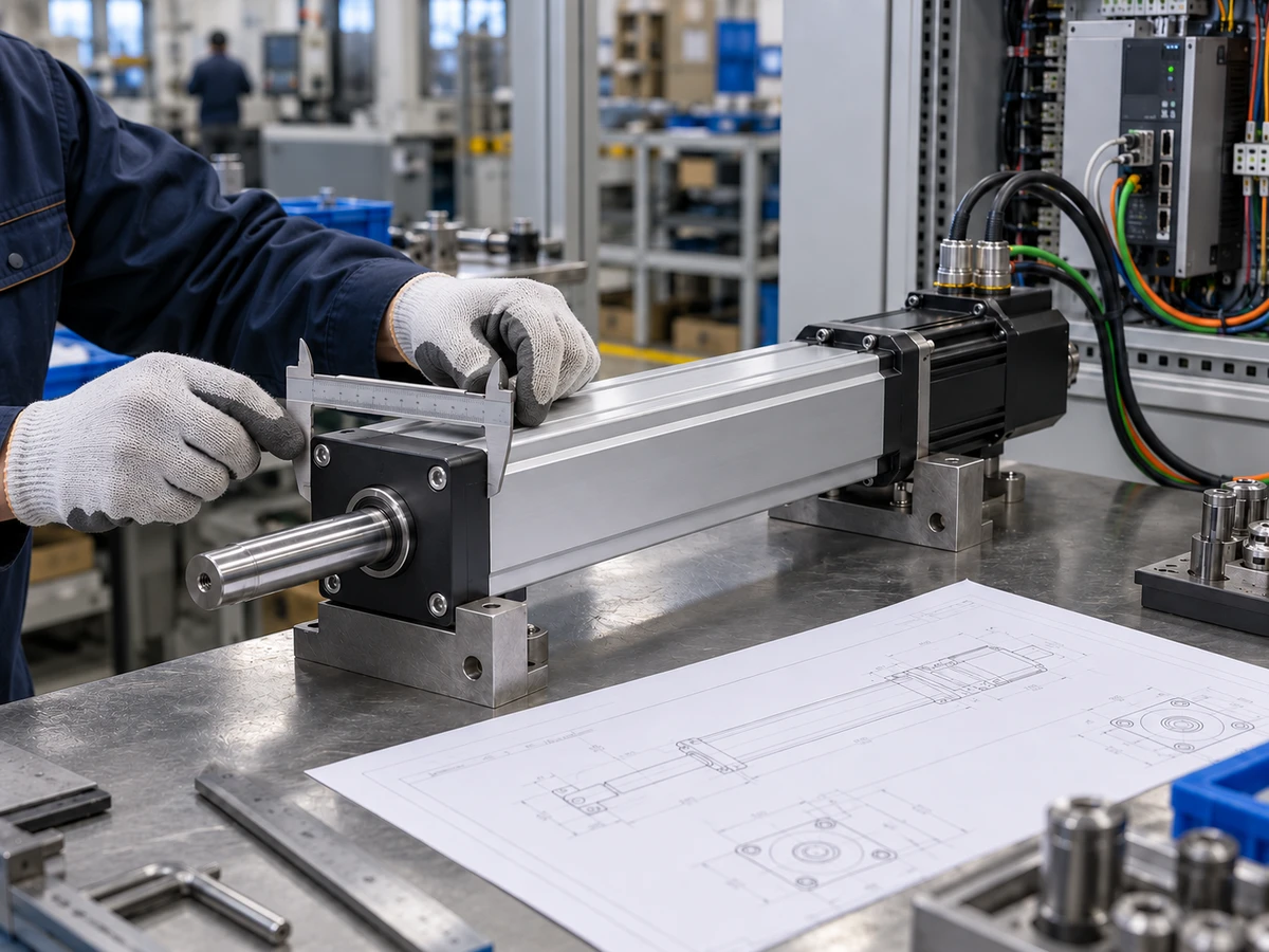 Illustrative engineer measuring servo electric cylinder front-flange width beside mechanical drawings and a connected servo drive cabinet