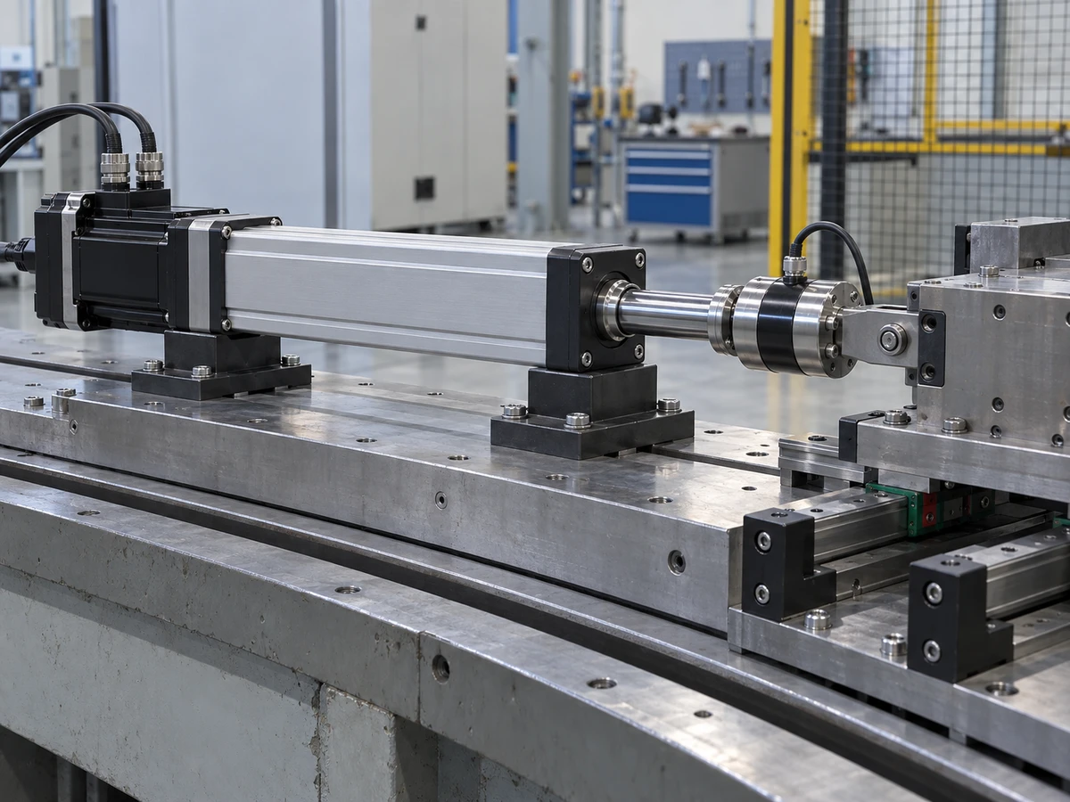Illustrative servo electric cylinder with inline load cell applying axial force to an externally guided test carriage
