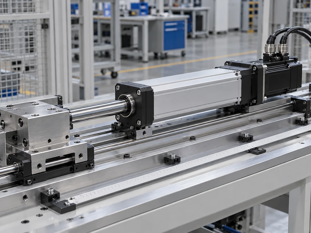 Illustrative servo electric cylinder with extended chrome rod, externally guided carriage and travel ruler for stroke and motion planning