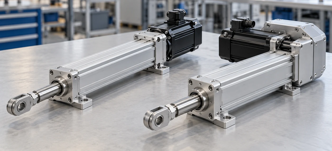 Illustrative inline and folded-back servo electric cylinder configurations with mounting flanges