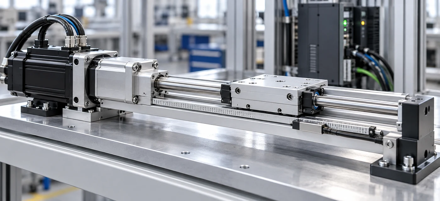 Illustrative servo electric cylinder positioning stage with external guidance and encoder