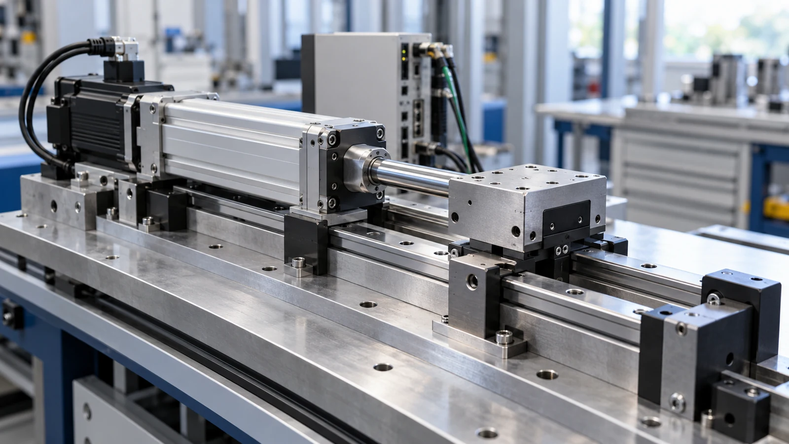 Illustrative servo electric cylinder integrated with a guided machine carriage and servo controls